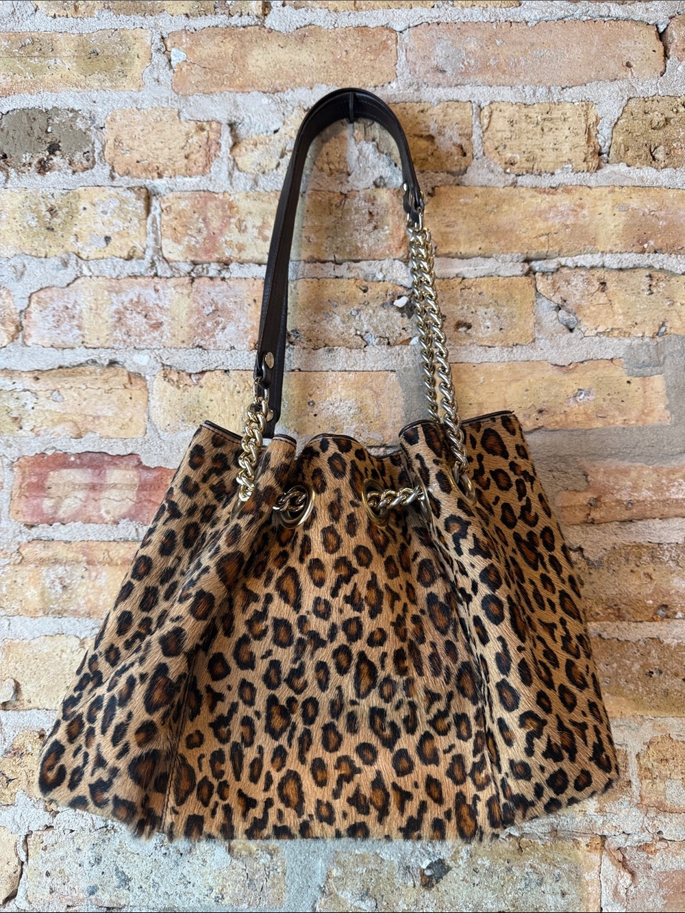 Vintage Y2K Leopard Pony Hair Shoulder Bag w/ Chain Straps Roberta Gandolfi
